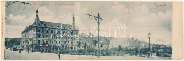 1900 Budapest II. Margit körút, Lukács fürdő, Margit Park kávéház, hídfő, villamos, Rózsadomb a háttérben. Divald Károly 372. kinyitható két részes panorámalap (EK)