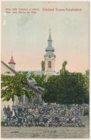 1917 Szépfalu, Temesszépfalu, Temes-Szépfalu, Seredin, Frumuseni; Római katolikus templom és iskola. Láncz András kiadása / Röm. kath. Kirche mit Park / Catholic church and school (felületi sérülés / surface damage)