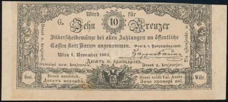 1860. 10kr K. K. Hauptmünzamt für Silberscheidemünze, K vízjeles papíron T:AU / Austrian Empire 1860. 10 Kreuzer K. K. Hauptmünzamt für Silberscheidemünze, with K watermarked paper C:AU Adamo G93