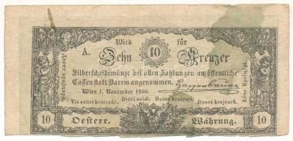 1860. 10kr K. K. Hauptmünzamt für Silberscheidemünze, vízjeles papíron T:F foltos / Austrian Empire 1860. 10 Kreuzer K. K. Hauptmünzamt für Silberscheidemünze, with watermarked paper C:F spotted Adamo G94