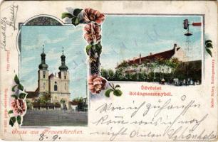 1901 Boldogasszony, Fertőboldogasszony, Frauenkirchen; szélmalom, szélmotor, templom / Kirche, Windmühle / church, windmill. Isidor Schey. Art Nouveau, floral (EB)