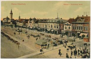 Marosvásárhely, Targu Mures; Széchenyi tér, piac, Fischler József, Révész Béla üzlete és saját kiadása / square, market, publishers shop (fl)