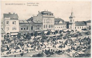 Marosvásárhely, Targu Mures; Széchenyi tér, piac, Szalmásy Gyula, Vaszary, Lőrinczi, Dikai János, Háry Géza üzlete. Porjes S. Sándor kiadása / square, market, shops (fl)