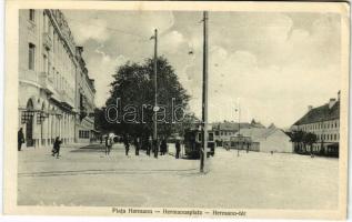 Nagyszeben, Hermannstadt, Sibiu; Piata Hermann / Hermann tér, villamos. Jos. Drotleff kiadása / square, tram (ragasztónyom / glue marks)