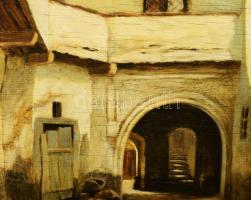 Várady Gyula (1866-1929): Udvar, 1917. Olaj, fa. Jelezve balra lent. Hátoldalán kissé töredékes kora...