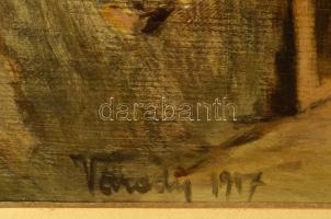 Várady Gyula (1866-1929): Udvar, 1917. Olaj, fa. Jelezve balra lent. Hátoldalán kissé töredékes kora...