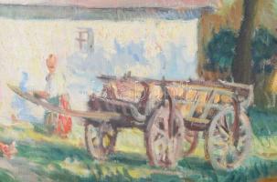 Jelzés nélkül, magyar festő, XX. sz. első fele-közepe: Napos udvar menyecskével. Olaj, vászon. 62x86...