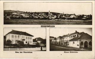 1943 Szászrégen, Reghin; látkép, Római katolikus gimnázium, Állami közkórház / general view, Catholic school, hospital + ALSÓGÖRZSÖNY POSTAÜGYN