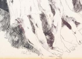 Pituk József Viktórián (1906-1991): Álló alakok. Rézkarc, papír, jelzett a karcon, üvegezett fakeret...