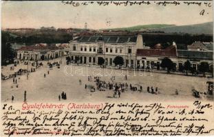 1902 Gyulafehérvár, Alba Iulia; Festungsseite / Fő téri részlet a várral, Hungária szálloda, Takarékpénztár, piac, Fürst, Adler és Herman, Weisz Bernát üzlete és saját kiadása / main square, castle, hotel, savings bank, market, publishers shop (EK)