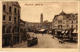 Nagyvárad, Oradea; Bémer tér, villamos, Erdős és Grünfeld, Neumann M., Lőrincz Mór, Berger Mór üzlete, Takarékpénztár, Pannonia szálloda / square, tram, shops, savings bank, hotel (EK)