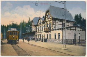 1919 Tátrafüredek, Stary Smokovec (Magas-Tátra, Vysoké Tatry); vasútállomás Poprád felé, vonat. Ed. Feitzinger No. 1108. / railway station, train