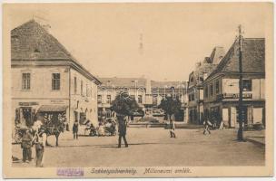 Székelyudvarhely, Odorheiu Secuiesc; Millenium szobor, Hodor Károly és Szentpétery Károly üzlete, liszt és termény raktár. Gál János kiadása / monument, shops