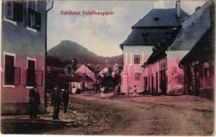 1912 Felsőbánya, Baia Sprie; utca, Sarudy Sándor és Róth Mihály üzlete. Dacek Péter kiadása / street, shops (EK)