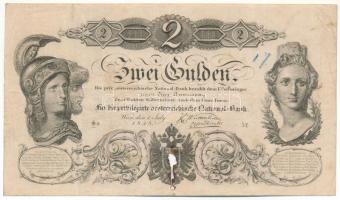 1848. 2G "Privilegirte Oesterreichische National-Bank", vízjeles papíron "Ss 32" sorszámmal T:F lyuk (égésnyom) / Hungary 1848. 2 Gulden "Privilegirte Oesterreichische National-Bank" on watermarked paper, with "Ss 32" serial number C:F hole (burn mark) Adamo G83