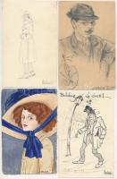 12 db RÉGI saját kézzel rajzolt és festett művész képeslap vegyes minőségben, különböző aláírásokkal / 12 pre-1945 hand-drawn and painted art postcards in mixed quality