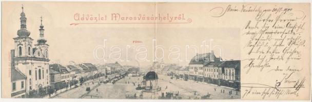 1900 Marosvásárhely, Targu Mures; Fő tér, Bodor kút, Dudutz és Fey József üzlete. Holbach Ede kiadása, két-részes kinyitható panorámalap / main square, shops - 2-tiled folding panoramacard (Rb)