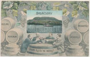1912 Badacsony, Vígan élj és ne búsulj! Montázs boros hordókkal, szőlőkkel és gőzhajóval. Löwy B. kiadása (EK)