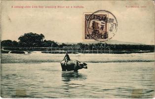 1903 Xiamen, Amoy; A chiang-chin cow-boy crossing river on a buffalo (Rb)