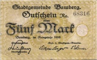 Német Birodalom/Weimari Köztársaság/Bamberg 1918. 5M fekete sorszámmal (2x) T:III