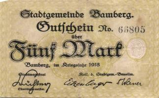 Német Birodalom/Weimari Köztársaság/Bamberg 1918. 5M fekete sorszámmal (2x) T:III