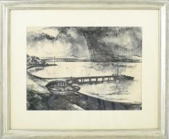 Gábor J jelzéssel: Kikötő. Rézkarc, papír. 23,5x33 cm. Dekoratív, üvegezett fakeretben