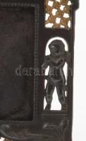 Szecessziós ón képkeret, aranyozott, áttört, figurális díszítéssel 19x18 cm