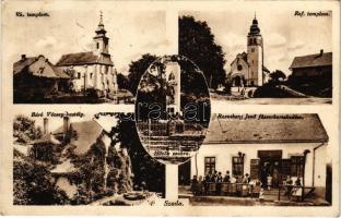 1943 Szada, Római katolikus és református templom, Hősök szobra, Báró Vécsey kastély, Rosenberg Jenő fűszerkereskedés üzlete és saját kiadása (fl)