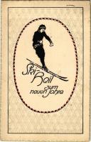1912 Ski Heil zum neuen Jahre / New Year greeting art postcard with skier, winter sport (fl)