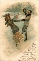 1900 Ice skating romantic couple, winter sport. litho (EK)