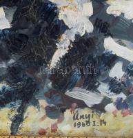 Únyi István (1930-2005): Festő a hóban, 1969. Olaj, farost. Jelzett. Dekoratív fakeretben, 50×60 cm