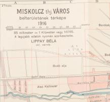 1916 Miskolc thj. város belterületének térképe, szerk.: Lippay Béla, szakadással, 32×51 cm
