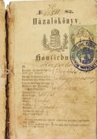 1876 Házalókönyv 1Ft illetékbélyeggel vászon kelme árus részére nagyon sok helyiség pecséttel kissé megviselt állapotban