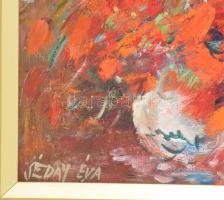 Séday Éva (1929-2011): Virágcsendélet. Olaj, farost, jelzett. Dekoratív, bársonyborítású fakeretben,...