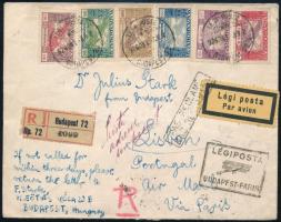 1926. okt. 3. Ajánlott légi levél Lisszabonba Ikarusz bérmentesítéssel, Budapest - Paris légi irányító bélyegzéssel. Nem kereste jelzéssel visszairányítva, november 24-én érkezett vissza! Érdekes és ritka darab!