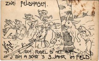 Zwei Feldhasen. Geh, Pudel di net auf, I bin a scho s 3. Jahr im Feld! Deutschmeister-Witwen und Waisen-Stiftung (Aktion im Felde) Nr. 81. / WWI Austro-Hungarian K.u.K. military art postcard, rabbit with soldiers s: Rud. Kristen (fl)