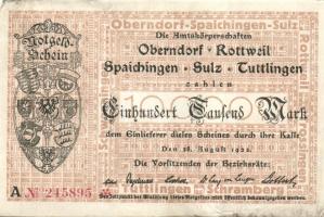 Német Birodalom/Weimari Köztársaság/Oberndorf, Rottweil, Spaichingen, Sulz, Tuttlingen 1923.8.28. 100.000M (3x) klf vízjeles papíron! T:II,II/III