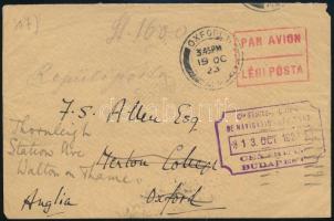 1923 okt. 13. Légi levél párizsi átmenő bélyegzéssel Oxfordba 8 x 500K Parlament bérmentesítéssel, továbbküldve Walton on Thames-be