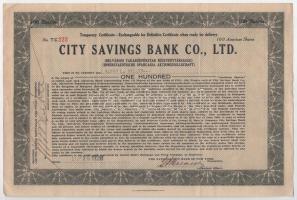 Amerikai Egyesült Államok / New York 1928. &quot;City Savings Bank Co., Ltd. (Belvárosi Takarékpénztár Részvénytársaság)&quot; ideiglenes elismervénye 100db részvényről egyben T:F USA / New York 1928. &quot;City Savings Bank Co., Ltd. (Belvárosi Takarékpénztár Részvénytársaság)&quot; temporary certificate about 100 pcs of shares in one C:F