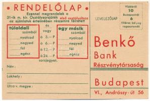 Budapest 1933. "31. Magyar Királyi Osztálysorsjáték" "Benkő Bank Részvénytársaság&quo...