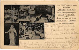 1909 Budapest I. Üdvözlet a Márvány menyasszonyhoz címzett vendéglőből, étterem belső, kert vendégekkel (EM)