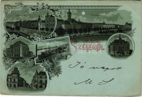 1899 (Vorläufer) Szeged, Széchenyi tér, Városháza, Városi színház, Közúti vashíd a rakparttal, Híd utca, MÁV palotája. Art Nouveau, floral, litho (Rb)