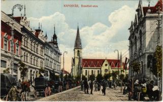 1915 Kaposvár, Erzsébet utca, piac, üzletek, templom. Fenyvesi Béla kiadása (EK)