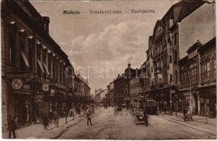 1917 Miskolc, Széchenyi utca, Bankpalota, villamos, üzletek. Vasúti levelezőlapárusítás 9910. + K.u.K. Permanenter Krankenzug Nr. 62. (EB)