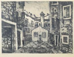 Imre István (1918-1983): Rovinj. Rézkarc, papír, jelzett, üvegezett keretben, 29×39 cm / István Imre: Rovinj (Rovigno). Etching, paper, framed, 29×39 cm