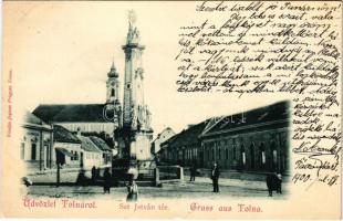 1900 Tolna, Szent István tér, Szentháromság szobor, takarékpénztár. Isgum frigyes kiadása (fl)