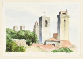 Ligeti Miklós (1982-): Itália tornyok (San Gimignano?). Akvarell, ceruza, papír, jelzés nélkül, 18x26 cm