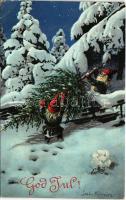 1907 God Jul! / Christmas greeting art postcard with dwarves s: Jenny Nyström (EK)