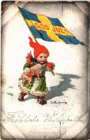 1905 God Jul! / Christmas greeting art postcard with Swedish flag, child and pig s: Jenny Nyström (EB)