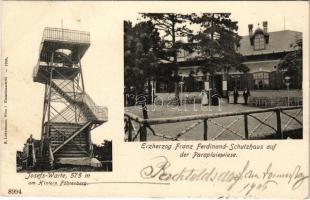 1906 Perchtoldsdorf, Josefs-Warte am Hintern Föhrenberg, Erzherzog Franz Ferdinand-Schutzhaus auf der Parapluiewiese / lookout tower, tourist house, rest house, waiters (fl)